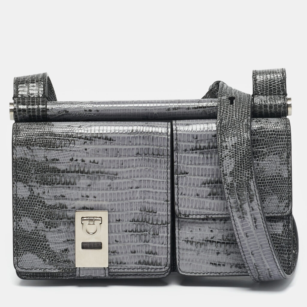 luxury-women-salvatore-ferragamo-used-handbags-p1158619-010 Salvatore Ferragamo Lilac/Black Lizard Embossed Leather Multi Pocket Flap Crossbody Bag