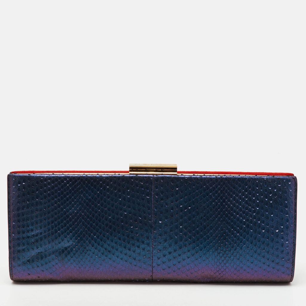luxury-women-salvatore-ferragamo-used-handbags-p1164587-011 Salvatore Ferragamo Red/Iridescent Blue Suede and Python Leather Clutch