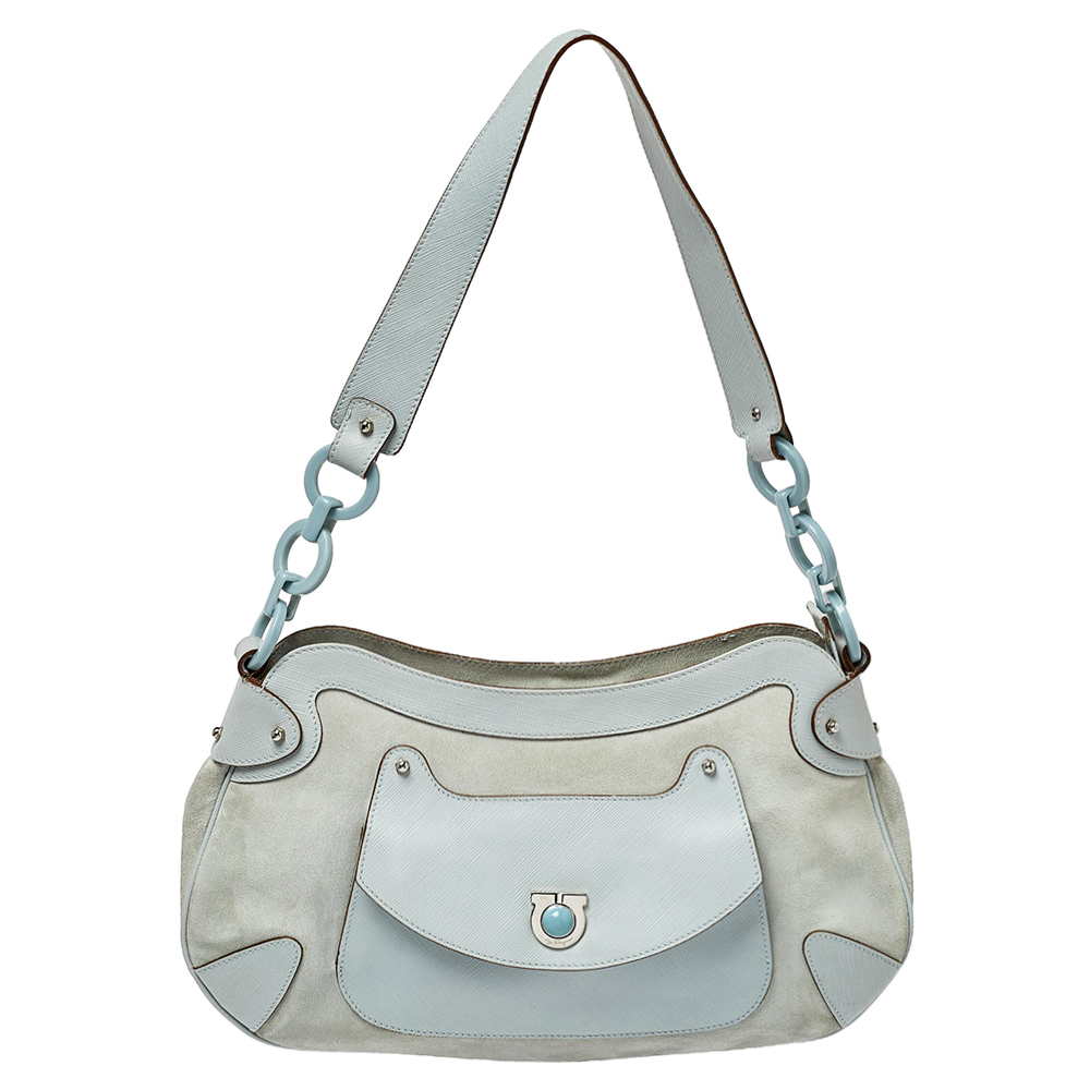 luxury-women-salvatore-ferragamo-used-handbags-p406016-011 Salvatore Ferragamo Blue Leather and Suede Shoulder Bag