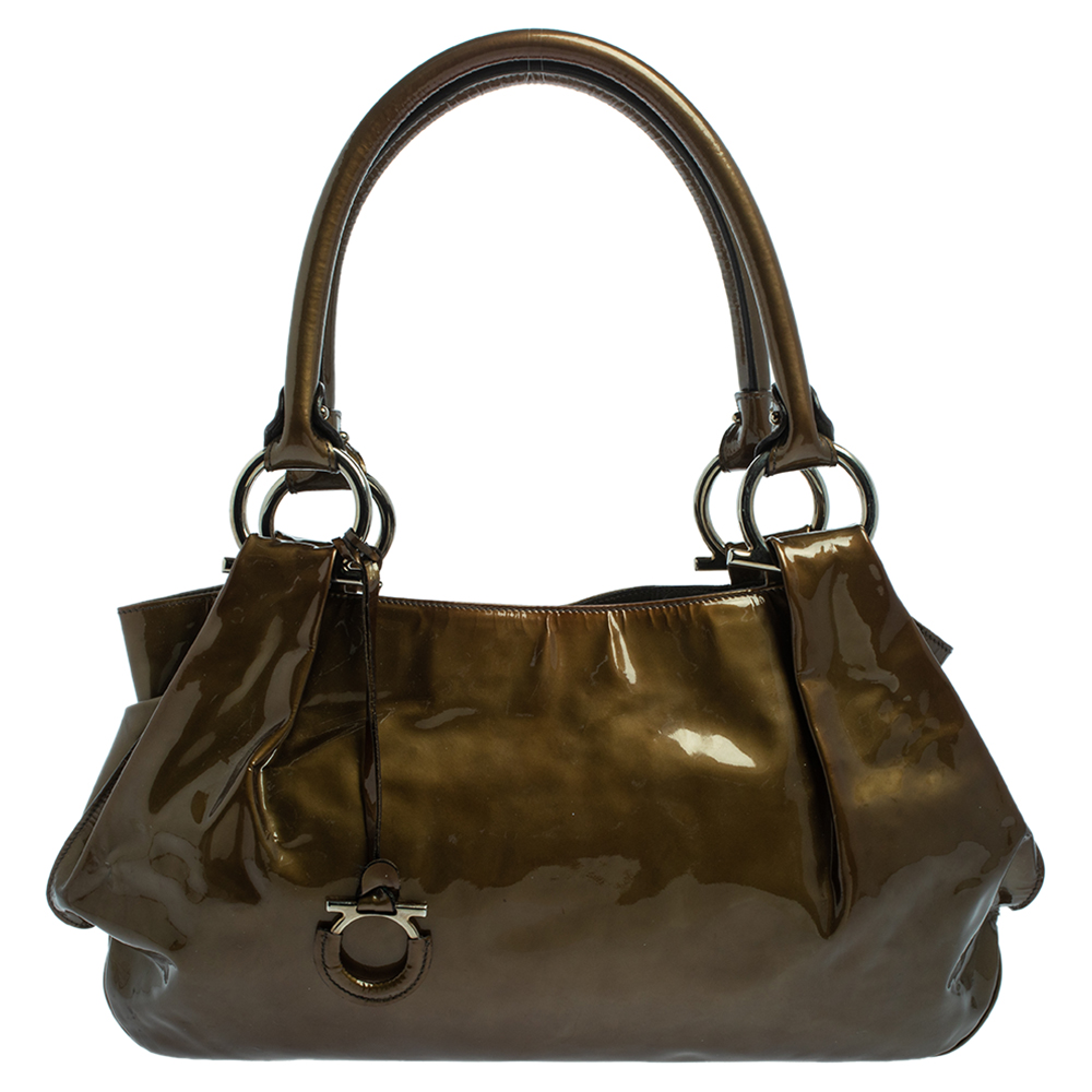 luxury-women-salvatore-ferragamo-used-handbags-p407228-006 Salvatore Ferragamo Olive Green Patent Leather Shoulder Bag