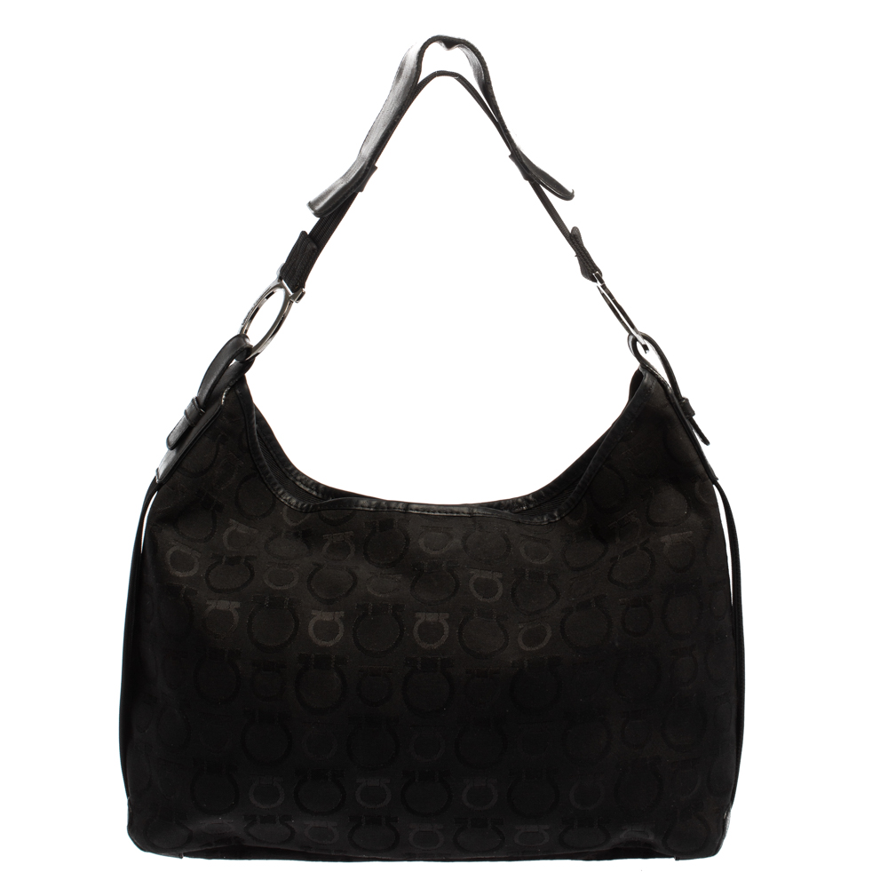 luxury-women-salvatore-ferragamo-used-handbags-p413945-006 Salvatore Ferragamo Black Monogram Canvas and Leather Hobo
