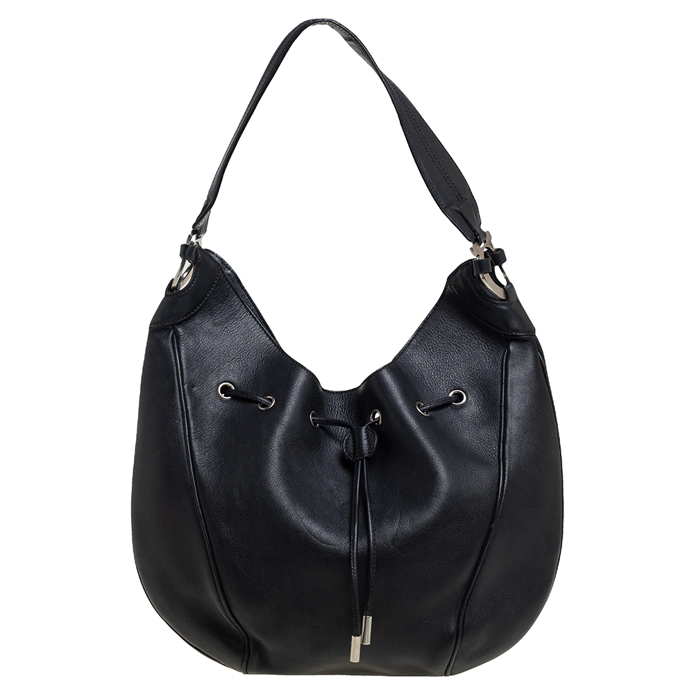 luxury-women-salvatore-ferragamo-used-handbags-p446410-004 Salvatore Ferragamo Black Leather Drawstring Hobo