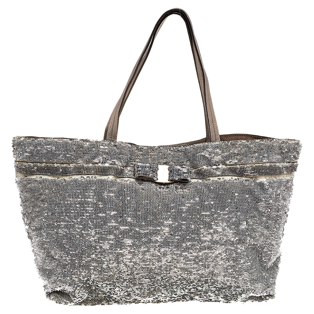 luxury-women-salvatore-ferragamo-used-handbags-p501165-009-2 Salvatore Ferragamo Grey Sequins And Nylon Tote