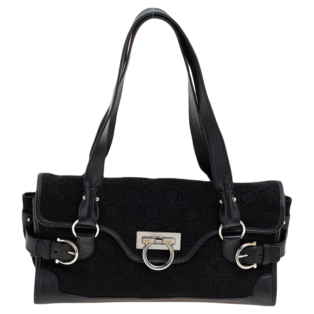 luxury-women-salvatore-ferragamo-used-handbags-p570634-004-1 Salvatore Ferragamo Black Gancini Velvet And Leather Shoulder Bag
