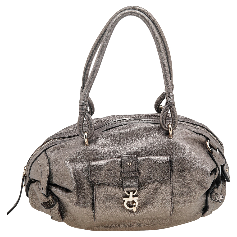 luxury-women-salvatore-ferragamo-used-handbags-p596966-006-2 Salvatore Ferragamo Metallic Grey Leather Gancini Front Pocket Satchel