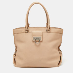 Salvatore Ferragamo Beige Pebbled Leather Dotty Tote