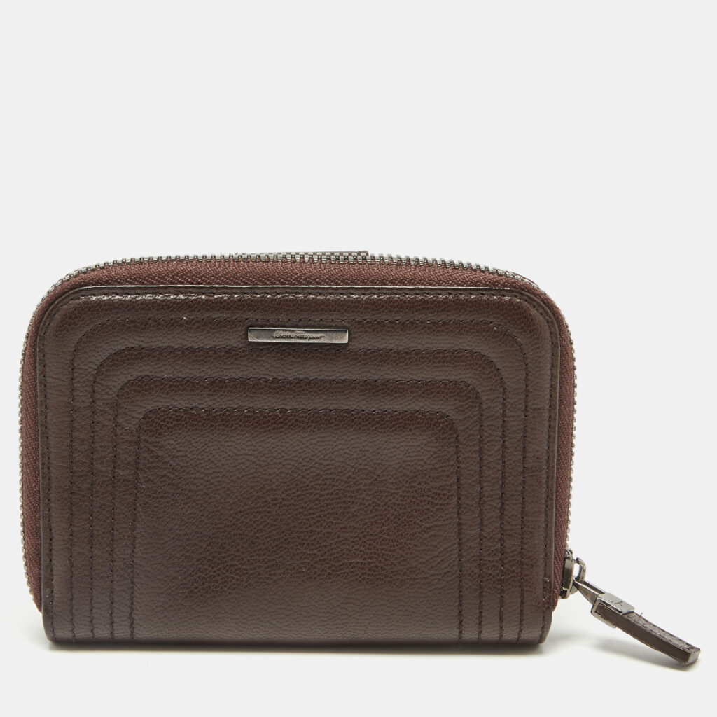 luxury-women-salvatore-ferragamo-used-handbags-p757318-002 Salvatore Ferragamo Dark Brown Leather Zip Around Compact Wallet