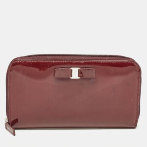 Salvatore Ferragamo Burgundy Patent Leather Vara Bow Zip Around Wallet