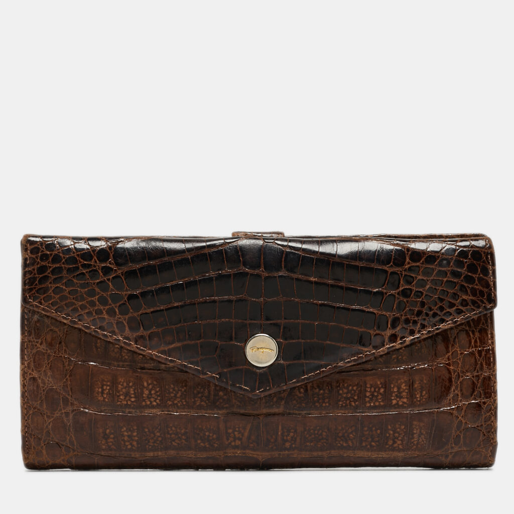luxury-women-salvatore-ferragamo-used-handbags-p928237-004 Salvatore Ferragamo Dark Brown Crocodile Envelope Continental Wallet