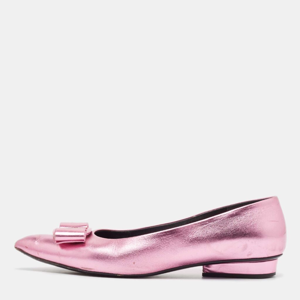 luxury-women-salvatore-ferragamo-used-shoes-p1041841-003 Salvatore Ferragamo Metallic Pink Leather Viva Bow Ballet Flats Size 40
