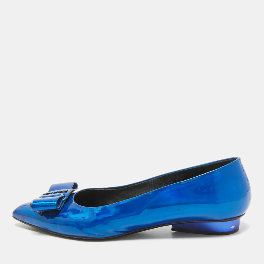 luxury-women-salvatore-ferragamo-used-shoes-p1041935-001 Salvatore Ferragamo Metallic Blue Patent Leather Viva Bow Ballet Flats Size 40