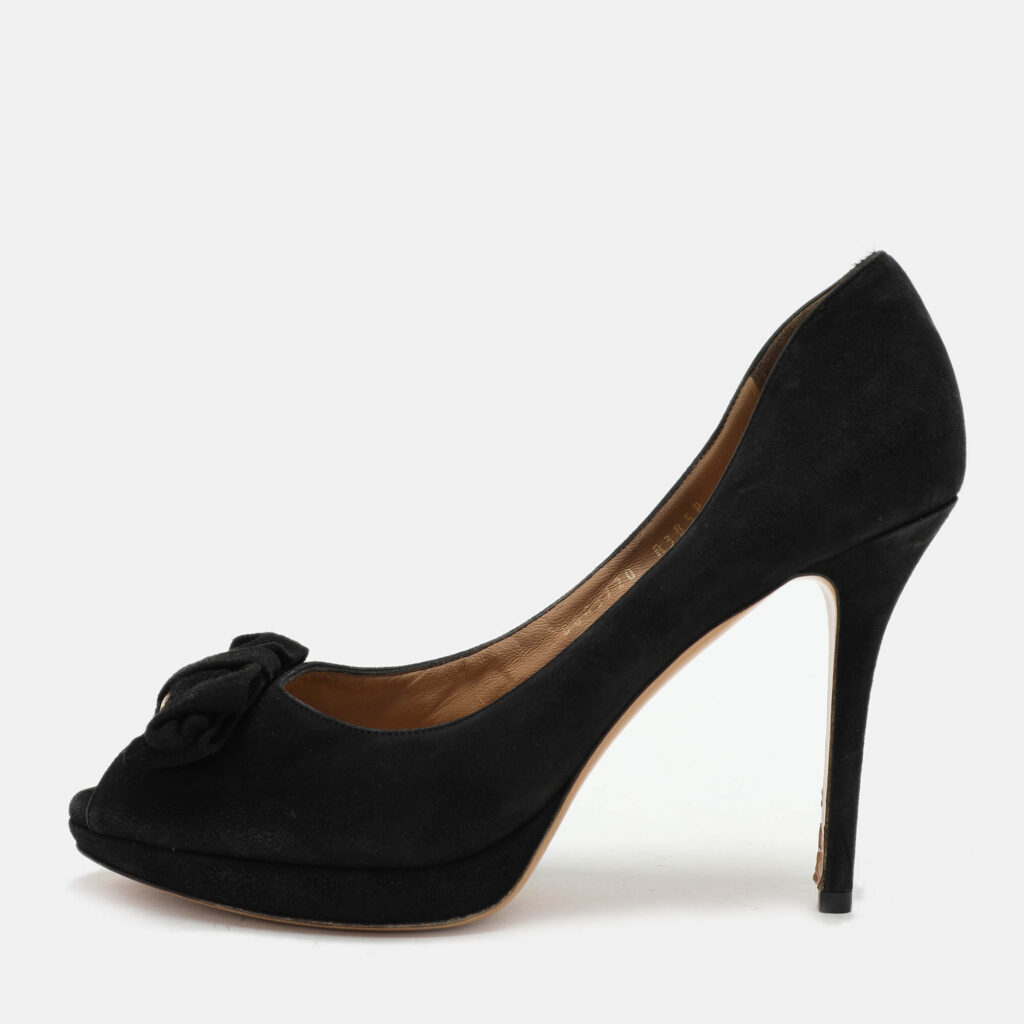 luxury-women-salvatore-ferragamo-used-shoes-p1046856-005 Salvatore Ferragamo Black Suede Rosella Peep Toe Pumps Size 40