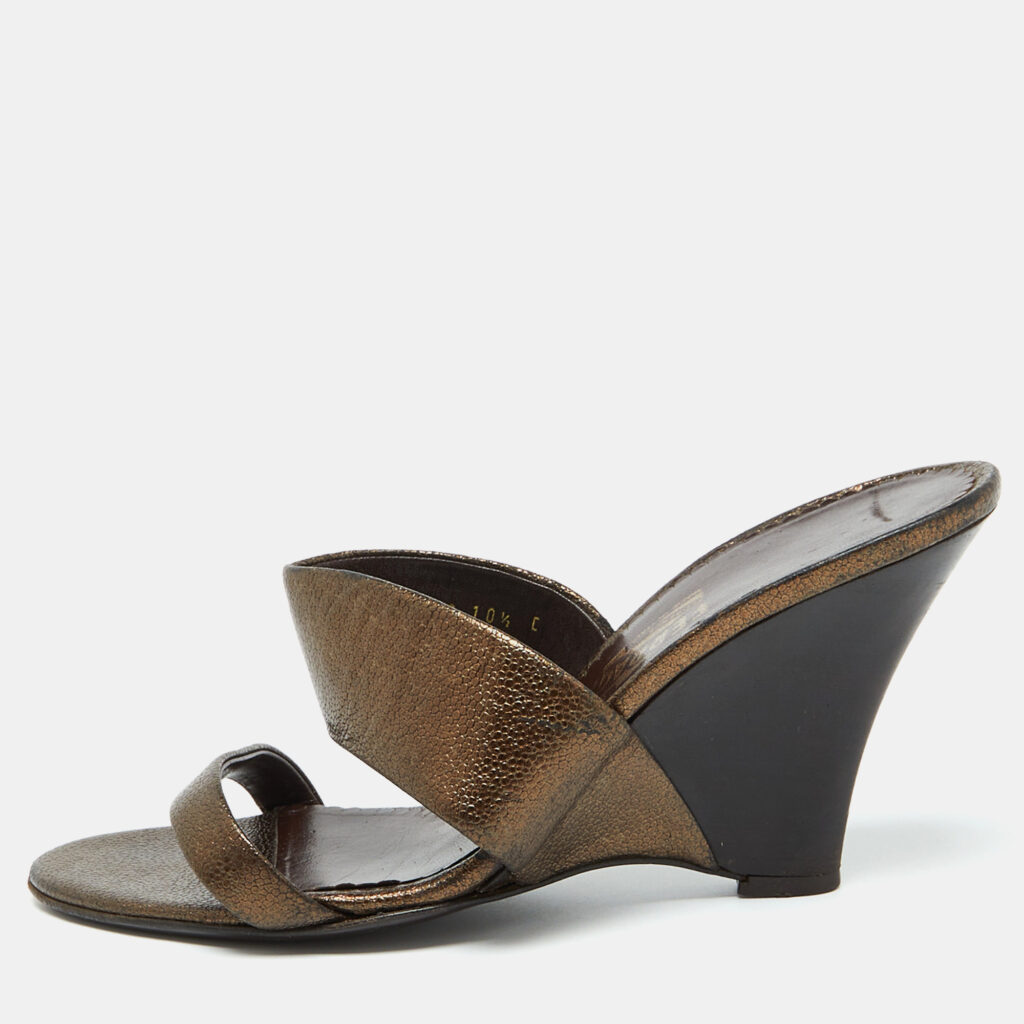 luxury-women-salvatore-ferragamo-used-shoes-p1081194-001 Salvatore Ferragamo Metallic Brown Leather Slide Wedge Sandals Size 41