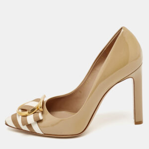 Salvatore Ferragamo Beige/White Patent Leather and Canvas Ezia Pumps Size 38