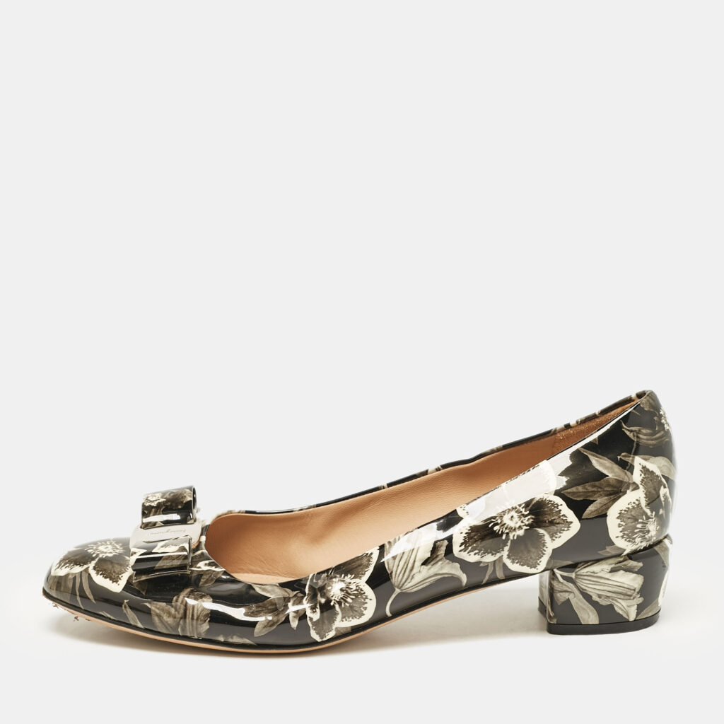 luxury-women-salvatore-ferragamo-used-shoes-p1093323-003 Salvatore Ferragamo Multicolor Patent Leather Vara Bow Block Heel Pumps Size 38
