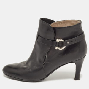 Salvatore Ferragamo Black Leather Gancini Ankle Length Boots Size 36.5