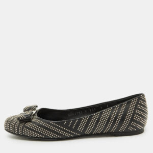 Salvatore Ferragamo Black Leather Studded Varina Bow Ballet Flats Size 37.5