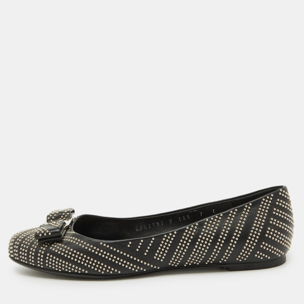 Salvatore Ferragamo Black Leather Studded Varina Bow Ballet Flats Size 37.5