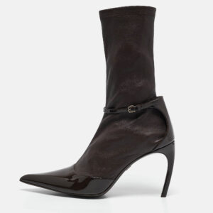 Salvatore Ferragamo Brown Leather and Patent Leather Mid Calf Boots Size 39.5