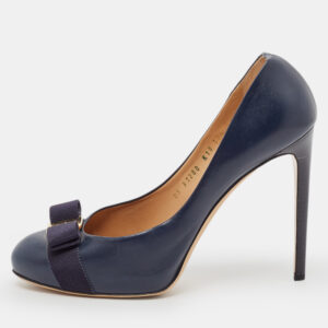 Salvatore Ferragamo Navy Blue Leather Vara Bow Pumps Size 41