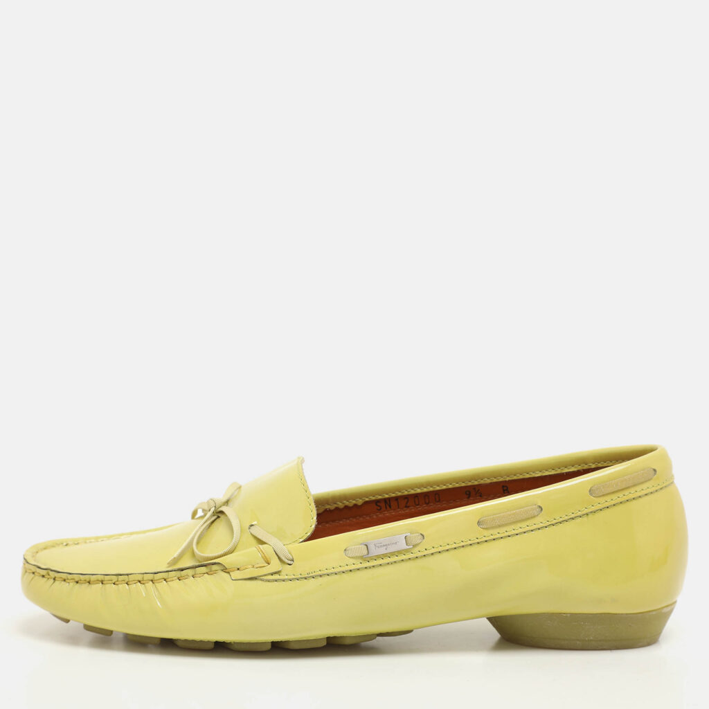 Salvatore Ferragamo Green Patent Leather Bow Loafers Size 40