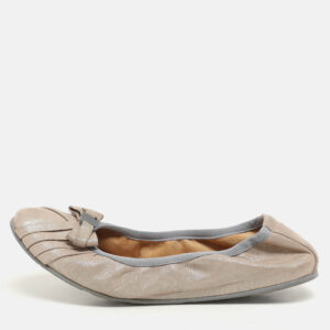 Salvatore Ferragamo Metallic Beige Suede Vara Bow Scrunch Ballet Flats Size 38