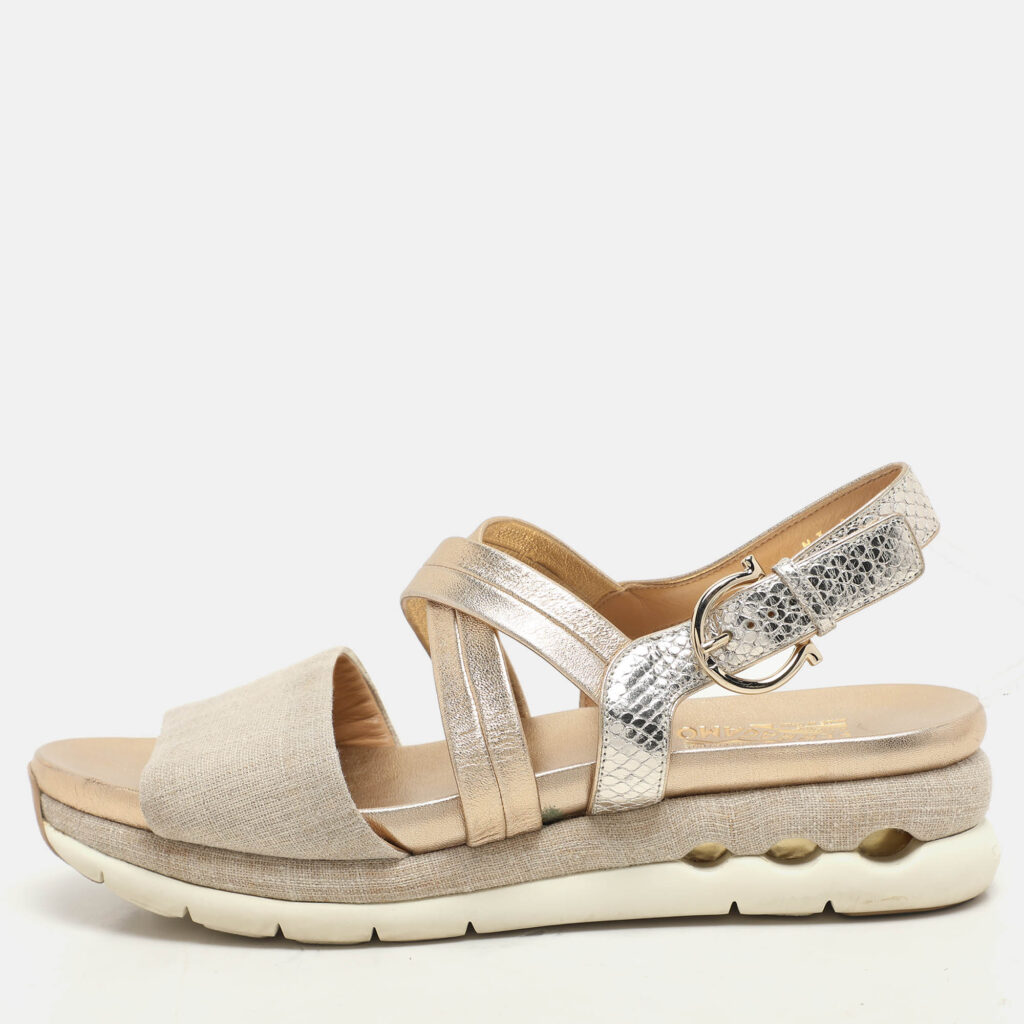 luxury-women-salvatore-ferragamo-used-shoes-p1139060-010 Salvatore Ferragamo Beige/Gold Canvas and Leather Gancini Platform Sandals Size 39
