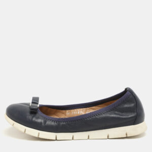 Salvatore Ferragamo Navy Blue Leather Vara Bow Ballet Flats Size 37.5