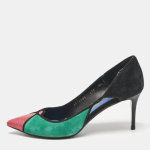 Salvatore Ferragamo Multicolor Lizard Leather and Ostrich Leather Cut Out Pumps Size 40