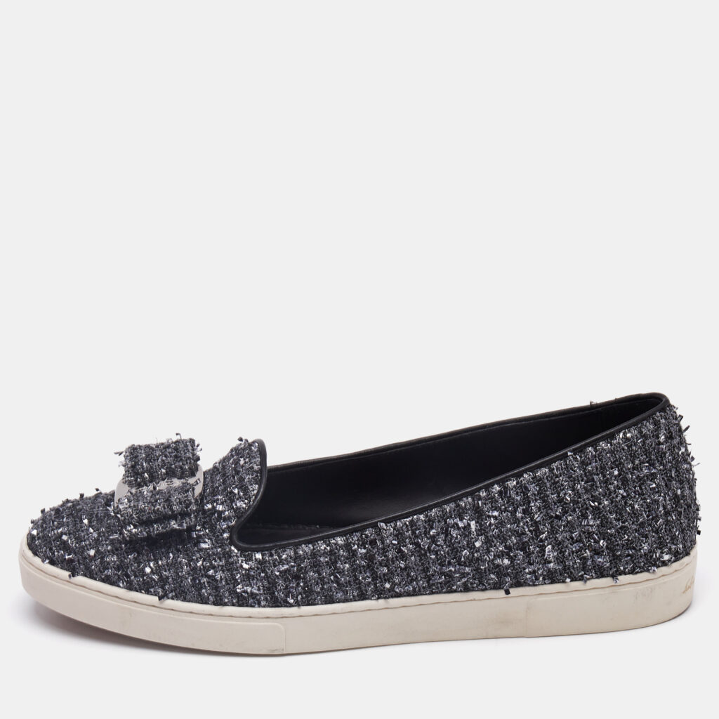 luxury-women-salvatore-ferragamo-used-shoes-p1142149-001 Salvatore Ferragamo Grey Tweed Novello Slip On Sneakers Size 37.5