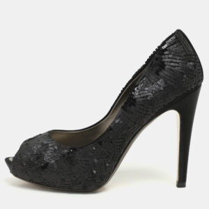Salvatore Ferragamo Black Satin and Sequins Embellished Peep Toe Pumps Size 40