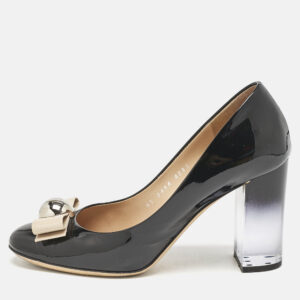 Salvatore Ferragamo Black/Beige Patent Leather Bow Block Heel Pumps Size 37.5