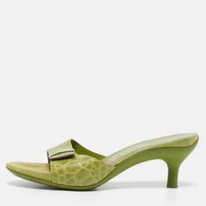 Salvatore Ferragamo Green Croc Embossed Leather Slide Sandals Size 38.5