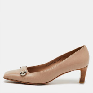 Salvatore Ferragamo Beige Leather Gancini Square Toe Pumps Size 37