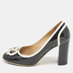 Salvatore Ferragamo Black/Cream Patent Leather Bow Pumps Size 38