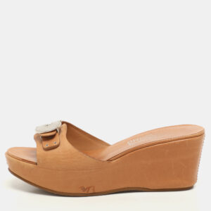 Salvatore Ferragamo Brown Leather Gancini Buckle Wedge Sandals Size 36.5
