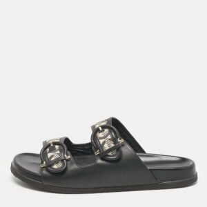 Salvatore Ferragamo Black/Off White Logo Print Fabric and Leather Gairo T Flat Slides Size 39.5