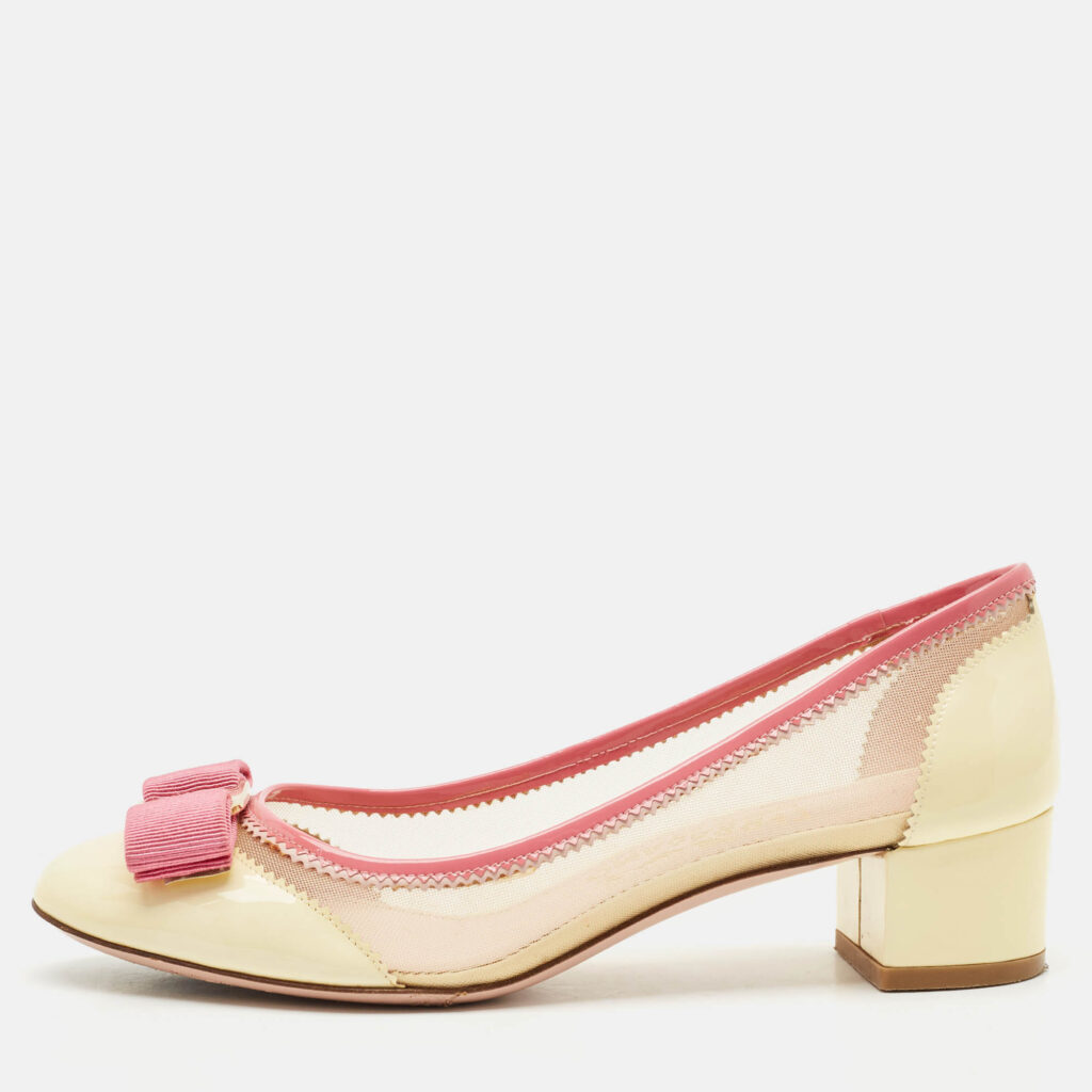 luxury-women-salvatore-ferragamo-used-shoes-p1153804-010 Salvatore Ferragamo Cream Mesh and Patent Leather Elinda Block Heel Pumps Size 37