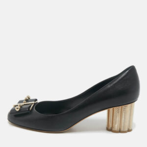 Salvatore Ferragamo Black Leather  Vara Bow Studded Block Heel Pumps Size 40.5
