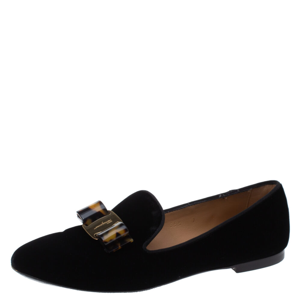 luxury-women-salvatore-ferragamo-used-shoes-p331621-003 Salvatore Ferragamo Black Velvet Bow Detail Smoking Slippers Size 37.5