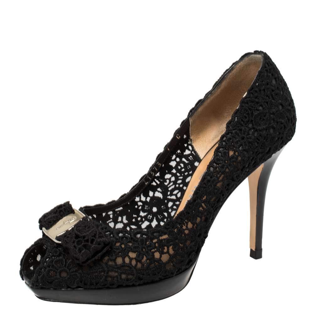 luxury-women-salvatore-ferragamo-used-shoes-p371612-008 Salvatore Ferragamo Black Bonita Lace Peep Toe Pumps Size 37.5