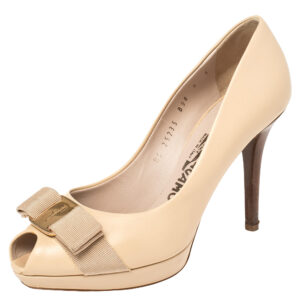 Salvatore Ferragamo Beige Leather Vara Bow Peep Toe Platform Pumps Size 36.5