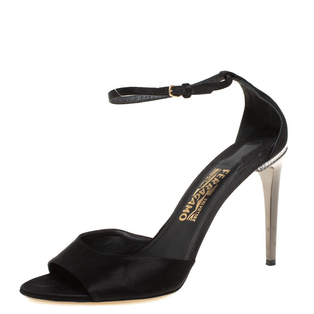 luxury-women-salvatore-ferragamo-used-shoes-p403116-001 Salvatore Ferragamo Black Satin Embellished Heel Ankle Strap Sandals Size 40