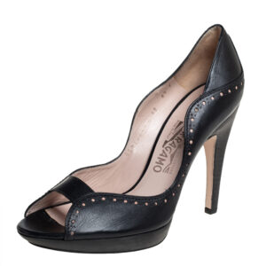 Salvatore Ferragamo Black Leather Peep Toe Pumps Size 39