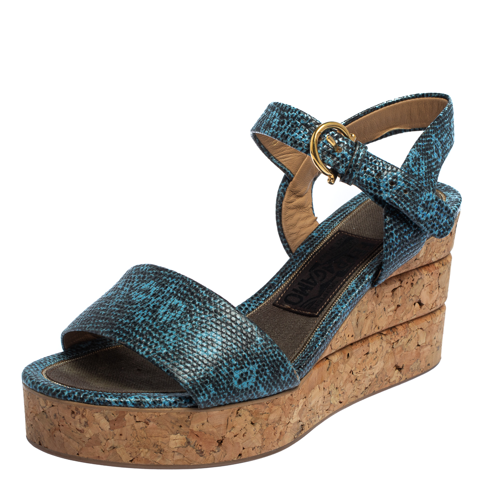 luxury-women-salvatore-ferragamo-used-shoes-p413909-004 Salvatore Ferragamo Blue Lizard Embossed Leather Madea Cork Wedge Sandals Size 35.5