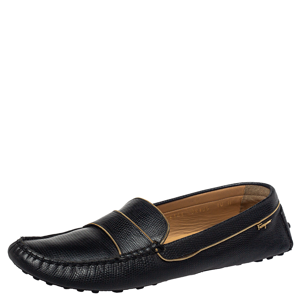 luxury-women-salvatore-ferragamo-used-shoes-p446046-005 Salvatore Ferragamo Black Lizard Embossed Leather Slip On Loafers Size 40.5