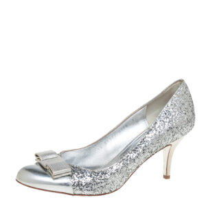 Salvatore Ferragamo Silver Glitter Vara Bow Pumps Size 38.5