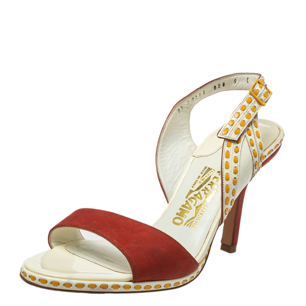 luxury-women-salvatore-ferragamo-used-shoes-p457215-003 Salvatore Ferragamo Orange/White Patent And Leather Slingback Sandals Size 39.5