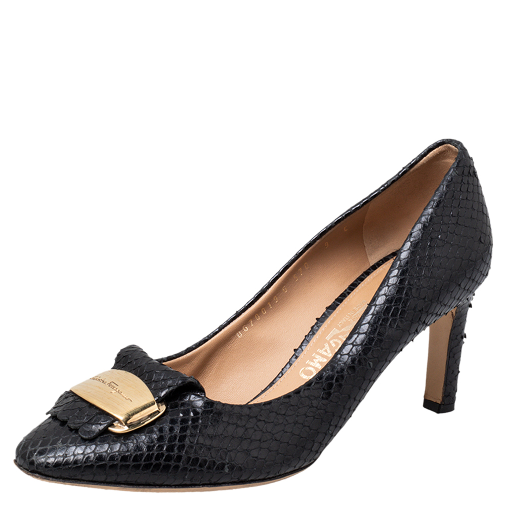 Salvatore Ferragamo Black Python Embossed Leather Logo Embellished Pumps Size 39.5