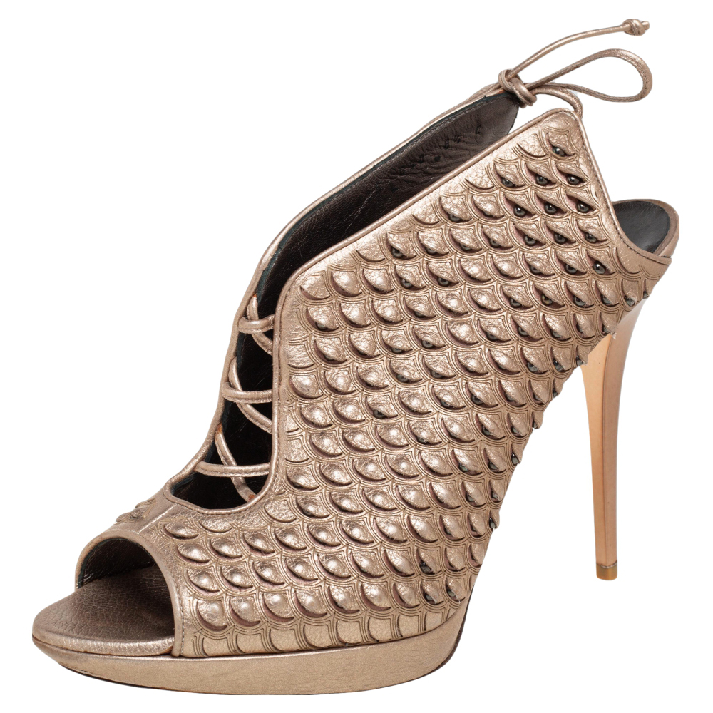 luxury-women-salvatore-ferragamo-used-shoes-p493662-001 Salvatore Ferragamo Metallic Beige Python Embossed Leather Studded Slingback Sandals Size 39